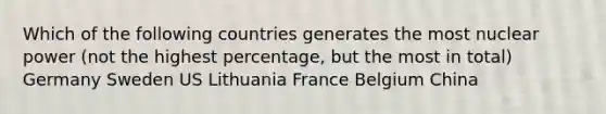 Which of the following countries generates the most nuclear power (not the highest percentage, but the most in total) Germany Sweden US Lithuania France Belgium China