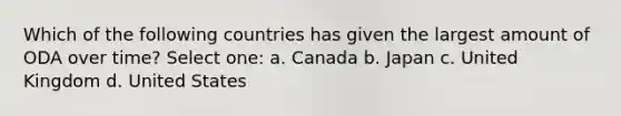 Which of the following countries has given the largest amount of ODA over time? Select one: a. Canada b. Japan c. United Kingdom d. United States