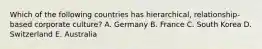 Which of the following countries has hierarchical, relationship-based corporate culture? A. Germany B. France C. South Korea D. Switzerland E. Australia