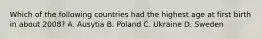 Which of the following countries had the highest age at first birth in about 2008? A. Ausytia B. Poland C. Ukraine D. Sweden