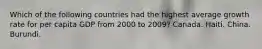 Which of the following countries had the highest average growth rate for per capita GDP from 2000 to 2009? Canada. Haiti. China. Burundi.