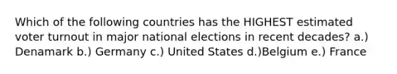 Which of the following countries has the HIGHEST estimated voter turnout in major national elections in recent decades? a.) Denamark b.) Germany c.) United States d.)Belgium e.) France