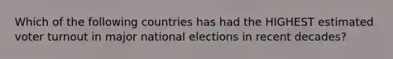 Which of the following countries has had the HIGHEST estimated voter turnout in major national elections in recent decades?