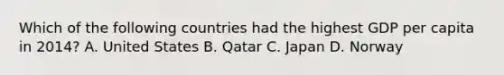 Which of the following countries had the highest GDP per capita in​ 2014? A. United States B. Qatar C. Japan D. Norway