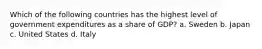 Which of the following countries has the highest level of government expenditures as a share of GDP? a. Sweden b. Japan c. United States d. Italy