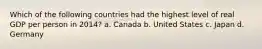 Which of the following countries had the highest level of real GDP per person in 2014? a. Canada b. United States c. Japan d. Germany