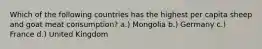 Which of the following countries has the highest per capita sheep and goat meat consumption? a.) Mongolia b.) Germany c.) France d.) United Kingdom