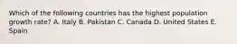 Which of the following countries has the highest population growth rate? A. Italy B. Pakistan C. Canada D. United States E. Spain