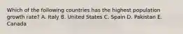 Which of the following countries has the highest population growth rate? A. Italy B. United States C. Spain D. Pakistan E. Canada