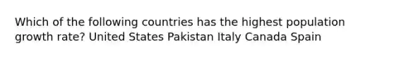 Which of the following countries has the highest population growth rate? United States Pakistan Italy Canada Spain