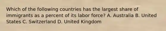 Which of the following countries has the largest share of immigrants as a percent of its labor force? A. Australia B. United States C. Switzerland D. United Kingdom