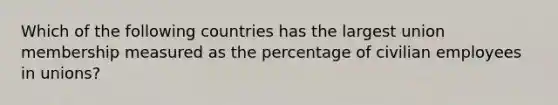 Which of the following countries has the largest union membership measured as the percentage of civilian employees in unions?