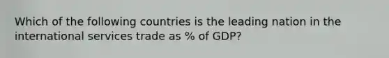 Which of the following countries is the leading nation in the international services trade as % of GDP?