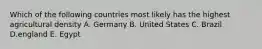 Which of the following countries most likely has the highest agricultural density A. Germany B. United States C. Brazil D.england E. Egypt