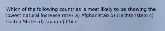 Which of the following countries is most likely to be showing the lowest natural increase rate? a) Afghanistan b) Liechtenstein c) United States d) Japan e) Chile