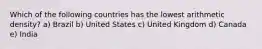 Which of the following countries has the lowest arithmetic density? a) Brazil b) United States c) United Kingdom d) Canada e) India