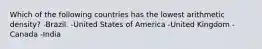 Which of the following countries has the lowest arithmetic density? -Brazil. -United States of America -United Kingdom -Canada -India