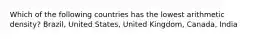 Which of the following countries has the lowest arithmetic density? Brazil, United States, United Kingdom, Canada, India