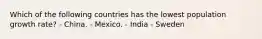 Which of the following countries has the lowest population growth rate? - China. - Mexico. - India - Sweden