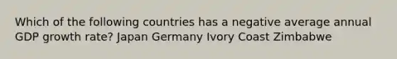 Which of the following countries has a negative average annual GDP growth rate? Japan Germany Ivory Coast Zimbabwe