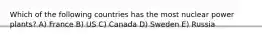Which of the following countries has the most nuclear power plants? A) France B) US C) Canada D) Sweden E) Russia