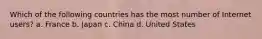 Which of the following countries has the most number of Internet users? a. France b. Japan c. China d. United States