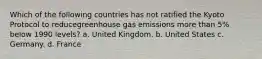 Which of the following countries has not ratified the Kyoto Protocol to reducegreenhouse gas emissions more than 5% below 1990 levels? a. United Kingdom. b. United States c. Germany. d. France