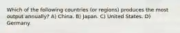 Which of the following countries (or regions) produces the most output annually? A) China. B) Japan. C) United States. D) Germany.