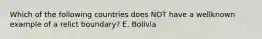 Which of the following countries does NOT have a wellknown example of a relict boundary? E. Bolivia