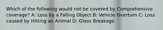 Which of the following would not be covered by Comprehensive coverage? A: Loss by a Falling Object B: Vehicle Overturn C: Loss caused by Hitting an Animal D: Glass Breakage