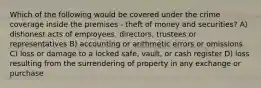 Which of the following would be covered under the crime coverage inside the premises - theft of money and securities? A) dishonest acts of employees, directors, trustees or representatives B) accounting or arithmetic errors or omissions C) loss or damage to a locked safe, vault, or cash register D) loss resulting from the surrendering of property in any exchange or purchase