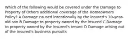 Which of the following would be covered under the Damage to Property of Others additional coverage of the Homeowners Policy? A Damage caused intentionally by the insured's 10-year-old son B Damage to property owned by the insured C Damage to property owned by the insured's tenant D Damage arising out of the insured's business pursuits