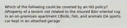 Which of the following could be covered by an HO policy? AProperty of a tenant not related to the insured BAn oriental rug in an on-premises apartment CBirds, fish, and animals DA sports car kept in an attached garage