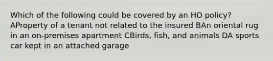 Which of the following could be covered by an HO policy? AProperty of a tenant not related to the insured BAn oriental rug in an on-premises apartment CBirds, fish, and animals DA sports car kept in an attached garage