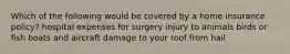 Which of the following would be covered by a home insurance policy? hospital expenses for surgery injury to animals birds or fish boats and aircraft damage to your roof from hail