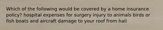 Which of the following would be covered by a home insurance policy? hospital expenses for surgery injury to animals birds or fish boats and aircraft damage to your roof from hail