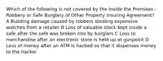 Which of the following is not covered by the Inside the Premises - Robbery or Safe Burglary of Other Property Insuring Agreement? A Building damage caused by robbers stealing expensive watches from a retailer B Loss of valuable stock kept inside a safe after the safe was broken into by burglars C Loss to merchandise after an electronic store is held up at gunpoint D Loss of money after an ATM is hacked so that it dispenses money to the hacker