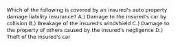 Which of the following is covered by an insured's auto property damage liability insurance? A.) Damage to the insured's car by collision B.) Breakage of the insured's windshield C.) Damage to the property of others caused by the insured's negligence D.) Theft of the insured's car