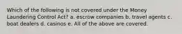 Which of the following is not covered under the Money Laundering Control Act? a. escrow companies b. travel agents c. boat dealers d. casinos e. All of the above are covered.