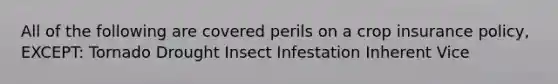 All of the following are covered perils on a crop insurance policy, EXCEPT: Tornado Drought Insect Infestation Inherent Vice