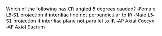 Which of the following has CR angled 5 degrees caudad? -Female L5-S1 projection if interiliac line not perpendicular to IR -Male L5-S1 projection if interiliac plane not parallel to IR -AP Axial Coccyx -AP Axial Sacrum