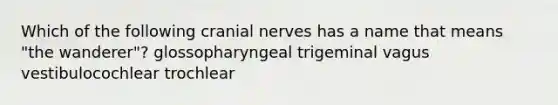 Which of the following cranial nerves has a name that means "the wanderer"? glossopharyngeal trigeminal vagus vestibulocochlear trochlear