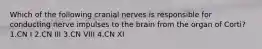 Which of the following cranial nerves is responsible for conducting nerve impulses to the brain from the organ of Corti? 1.CN I 2.CN III 3.CN VIII 4.CN XI