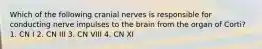 Which of the following cranial nerves is responsible for conducting nerve impulses to the brain from the organ of Corti? 1. CN I 2. CN III 3. CN VIII 4. CN XI