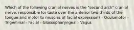 Which of the following cranial nerves is the "second arch" cranial nerve, responsible for taste over the anterior two-thirds of the tongue and motor to muscles of facial expression? - Oculomotor - Trigeminal - Facial - Glossopharyngeal - Vagus