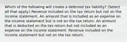 Which of the following will create a deferred tax liability? (Select all that apply.) Revenue included on the tax return but not on the income statement. An amount that is included as an expense on the income statement but is not on the tax return. An amount that is deducted on the tax return but not included as an expense on the income statement. Revenue included on the income statement but not on the tax return.