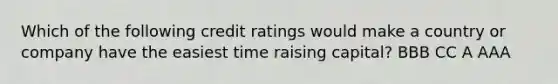 Which of the following credit ratings would make a country or company have the easiest time raising capital? BBB CC A AAA