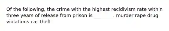 Of the following, the crime with the highest recidivism rate within three years of release from prison is ________. murder rape drug violations car theft