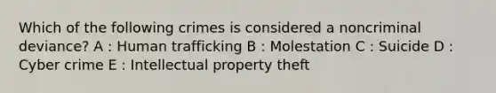 Which of the following crimes is considered a noncriminal deviance? A : Human trafficking B : Molestation C : Suicide D : Cyber crime E : Intellectual property theft