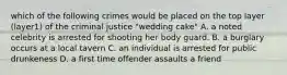 which of the following crimes would be placed on the top layer (layer1) of the criminal justice "wedding cake" A. a noted celebrity is arrested for shooting her body guard. B. a burglary occurs at a local tavern C. an individual is arrested for public drunkeness D. a first time offender assaults a friend